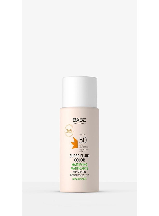 Babe Super Fluid Color Mattifying SPF 50 – Tinted Facial Sunscreen for Oily Skin – Oil-Free, Lightweight, Broad Spectrum UVA/UVB Protection – With Niacinamide & Carnosine – 50ml - Image 1